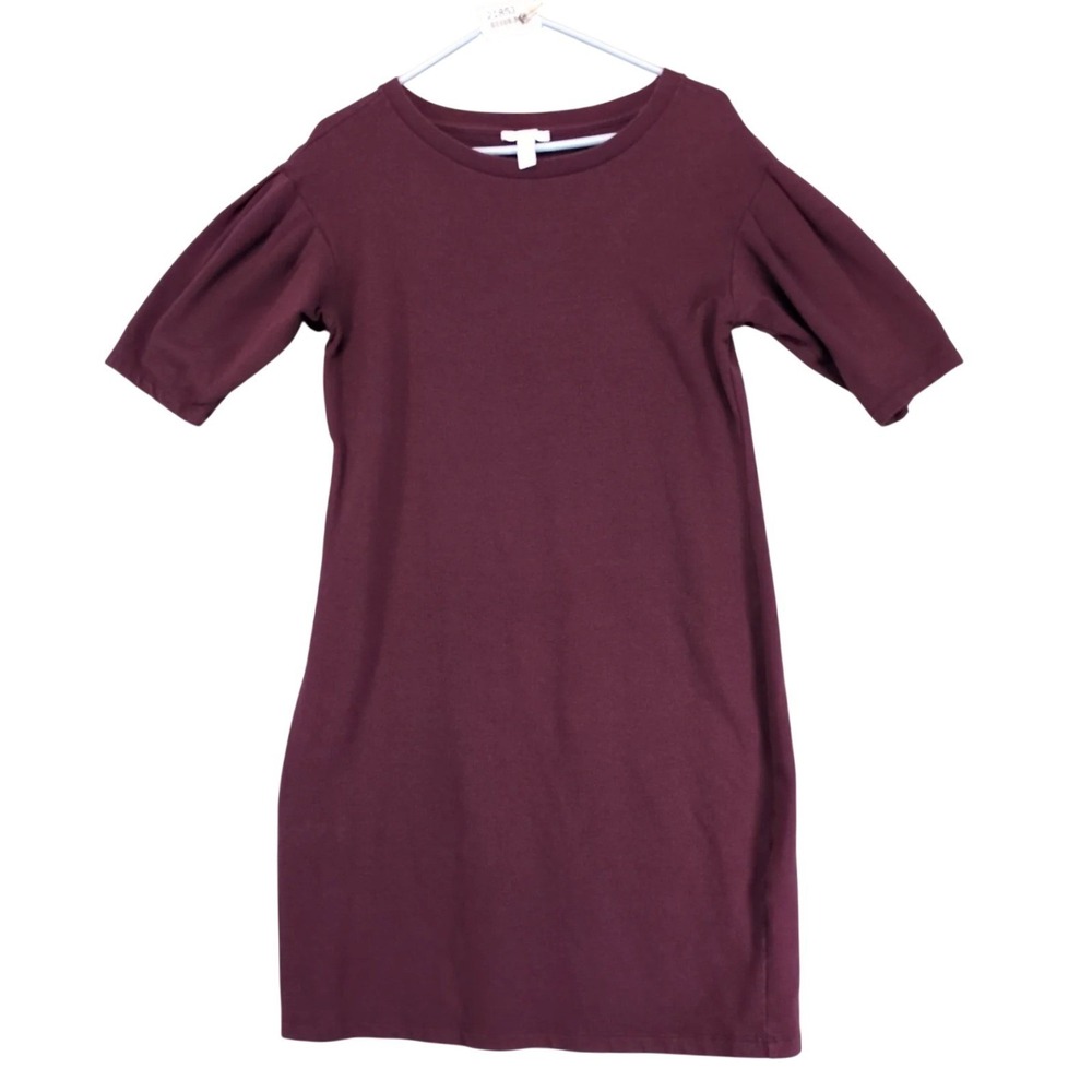 Daily Ritual Plum Jersey Knit Knee-Length Dress Sz S Short Puff Sleeve Casual